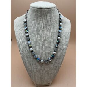 Mariana Gunmetal Necklace w/Iridescent Swarovski Crystals, Faux Pearls 18"